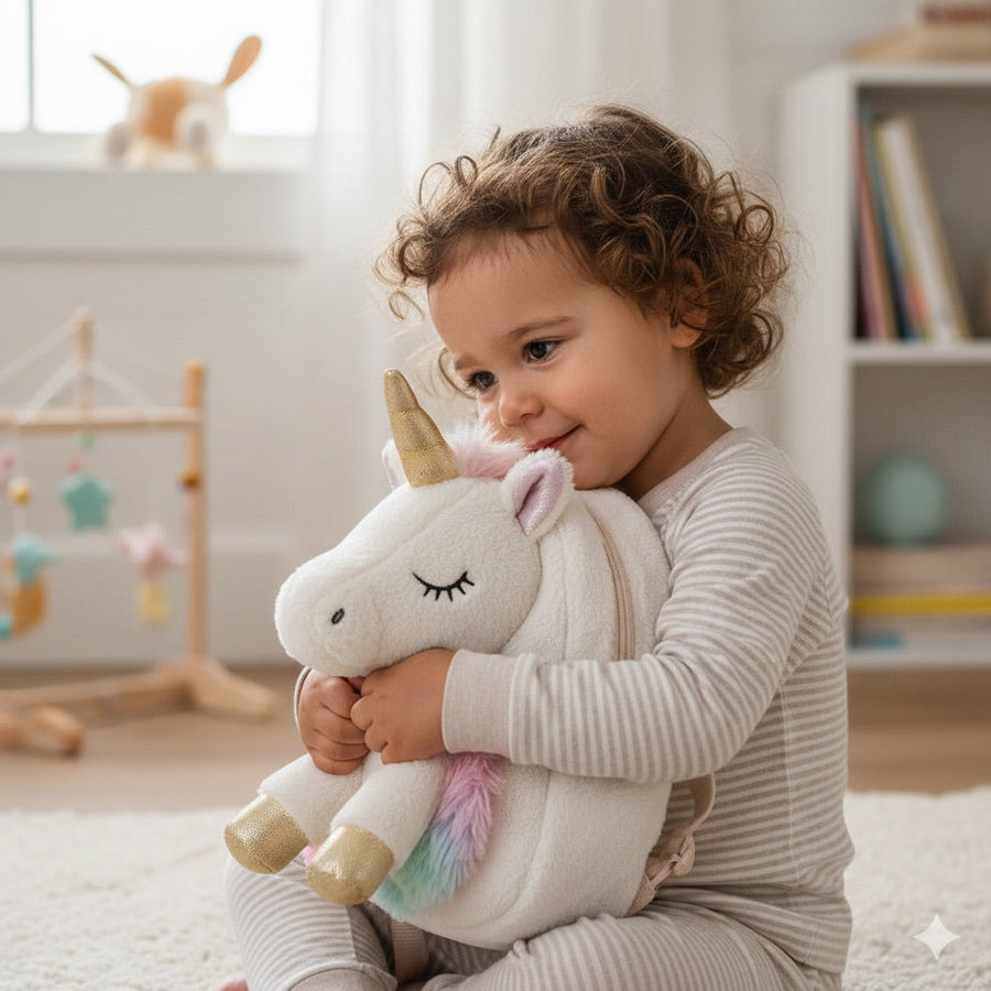 Bébé heureux avec son sac à dos avec peluche intégrée