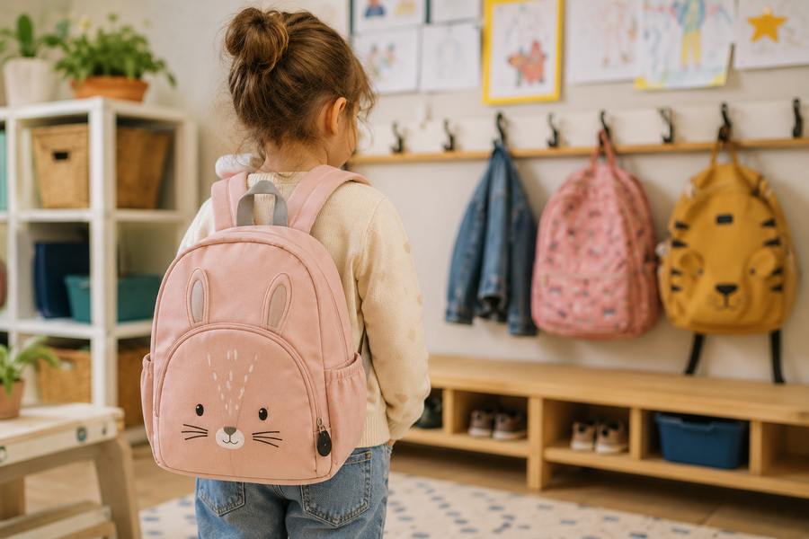 Sac maternelle enfant 3 à 6 ans porté dans une école maternelle avec rangement, porte-manteaux et espace dédié aux affaires des enfants.
