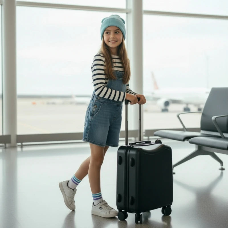 fille valise noir debout