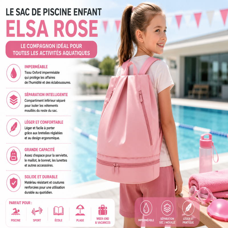 Enfant portant le sac de piscine enfant Elsa rose au bord de la piscine