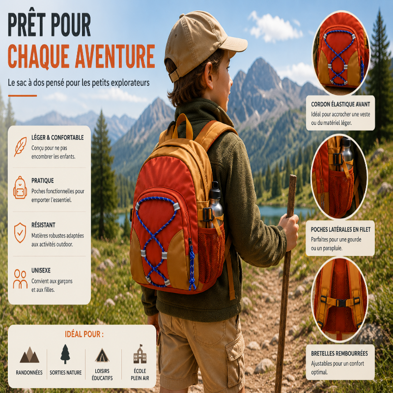 Sac à dos de randonnée enfant rouge porté en montagne avec présentation des fonctionnalités et usages outdoor.