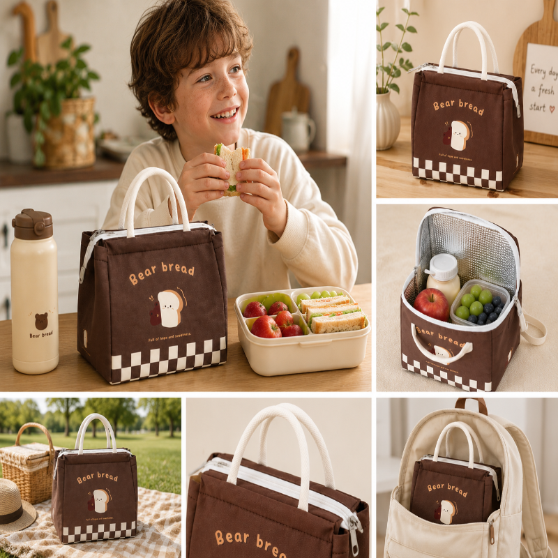 Enfant utilisant le sac goûter Bear Bread pendant une pause repas