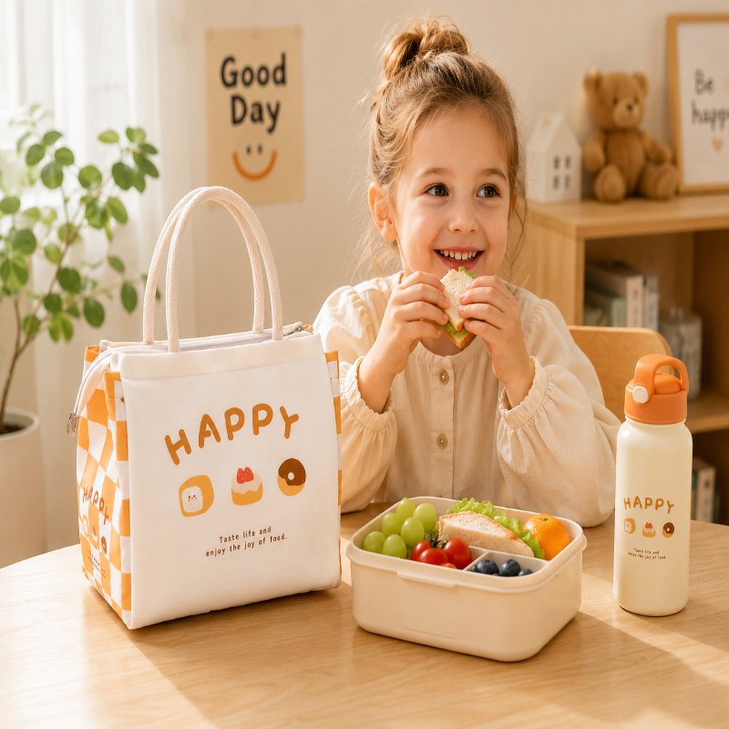 Enfant utilisant le sac goûter Happy pendant le déjeuner