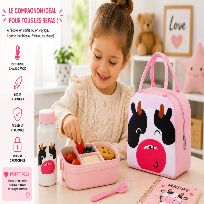 Enfant utilisant le sac isotherme vache rose pendant le repas