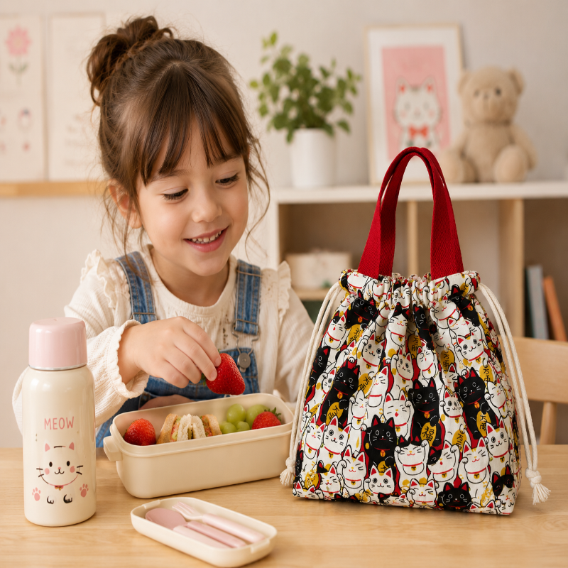 Enfant utilisant un sac lunch chats kawaii pendant le goûter dans une scène lifestyle intérieure.