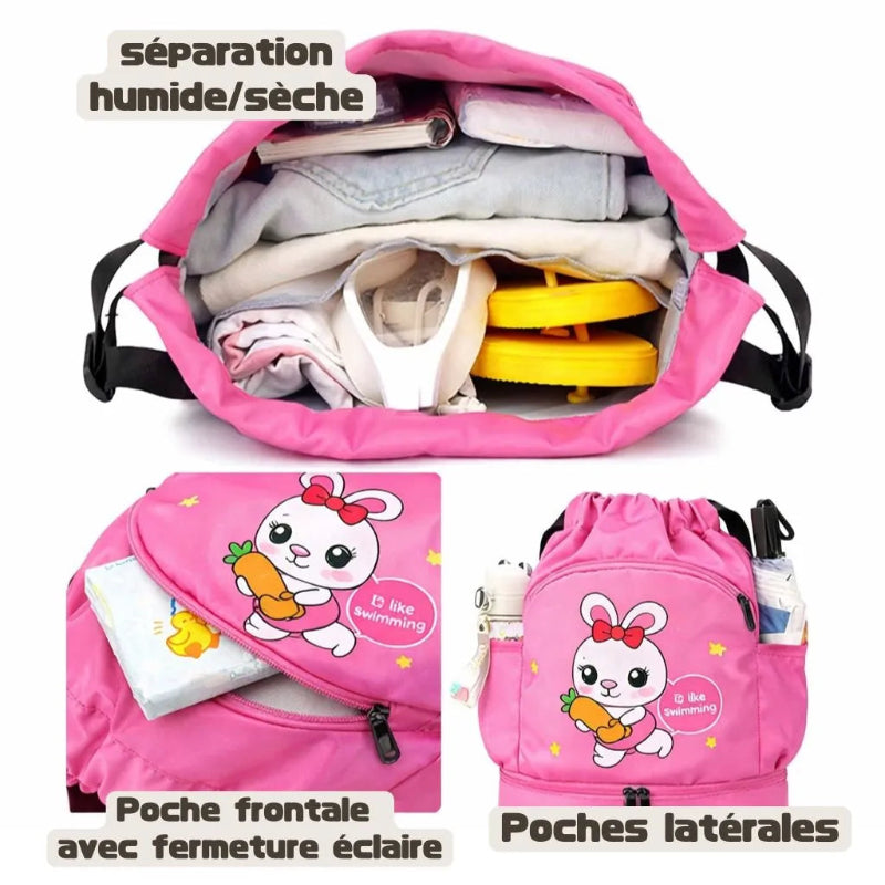 Sac piscine enfant lapin rose differents angles de vue