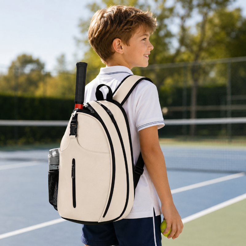 Enfant portant le sac tennis enfant blanc sur un court de tennis avec raquette et gourde