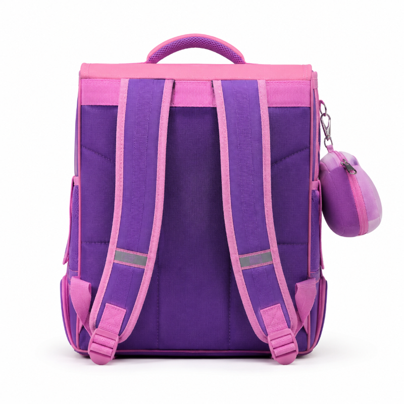 Vue arrière du cartable licorne enfant violet avec panneau dorsal, poignée et deux bretelles réglables