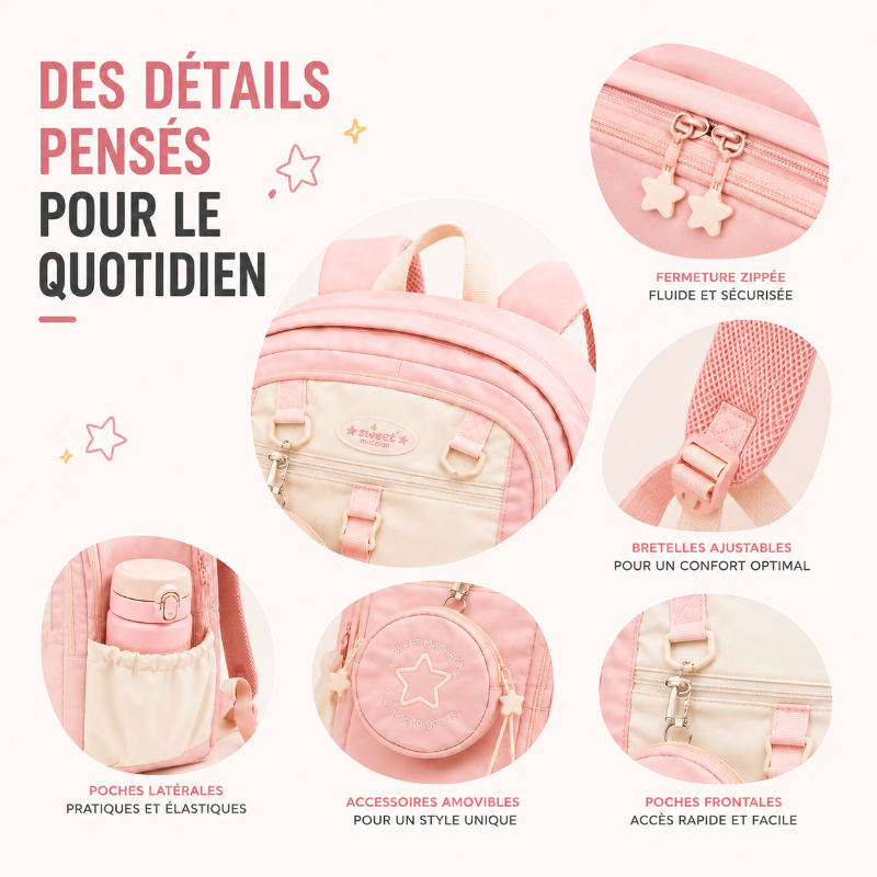 Sac primaire enfant macaron visuel details