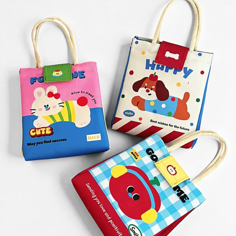 Sacs isothermes enfant avec motifs lapin, chien et pomme, modèles colorés pour repas et goûter