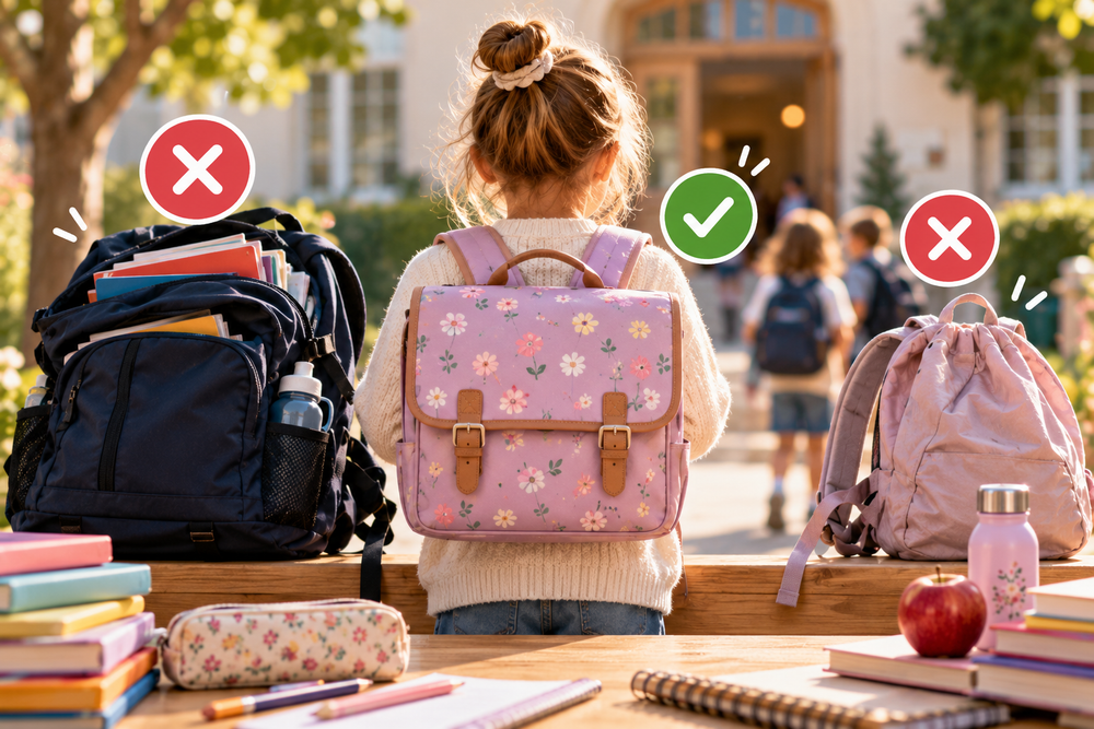 Cartable enfant : comparaison entre un cartable trop lourd, un sac mal adapté et un cartable scolaire bien ajusté pour la rentrée