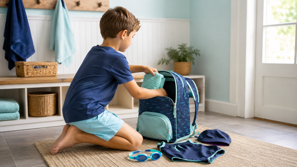 Enfant préparant son sac à dos de piscine avec une serviette, un maillot, un bonnet et des lunettes