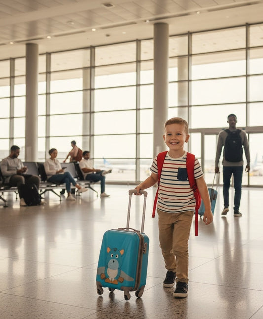 Enfant heureux avec sa valise cabine 