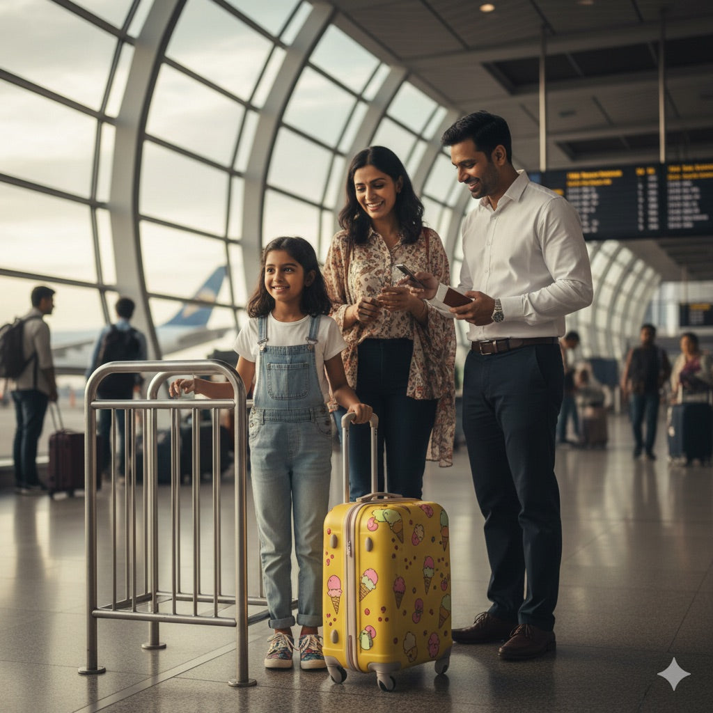 Une fille prête pour son voyage avec sa valise cabine 