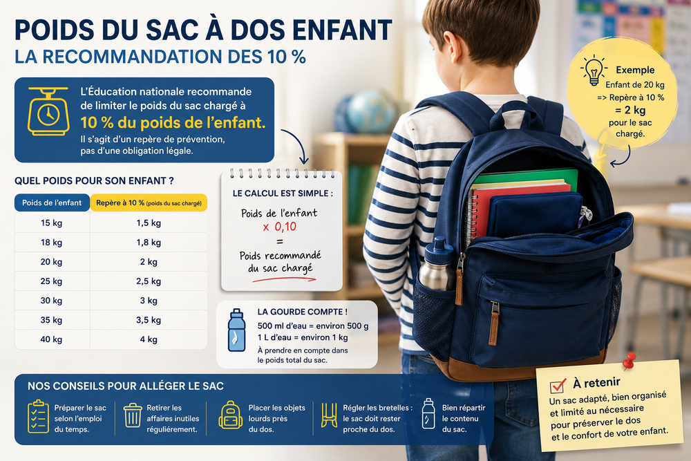 Poids du sac à dos enfant : recommandation des 10 %, tableau selon le poids de l’enfant et conseils pour alléger le sac scolaire