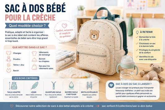 Sac à dos bébé pour la crèche avec changes, doudou et accessoires essentiels, guide pour choisir un modèle adapté et pratique