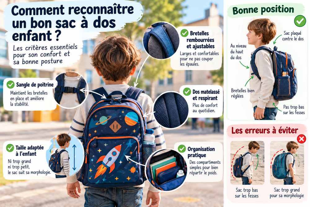 Sac à dos enfant : critères ergonomiques avec bretelles réglables, dos matelassé, sangle de poitrine et taille adaptée