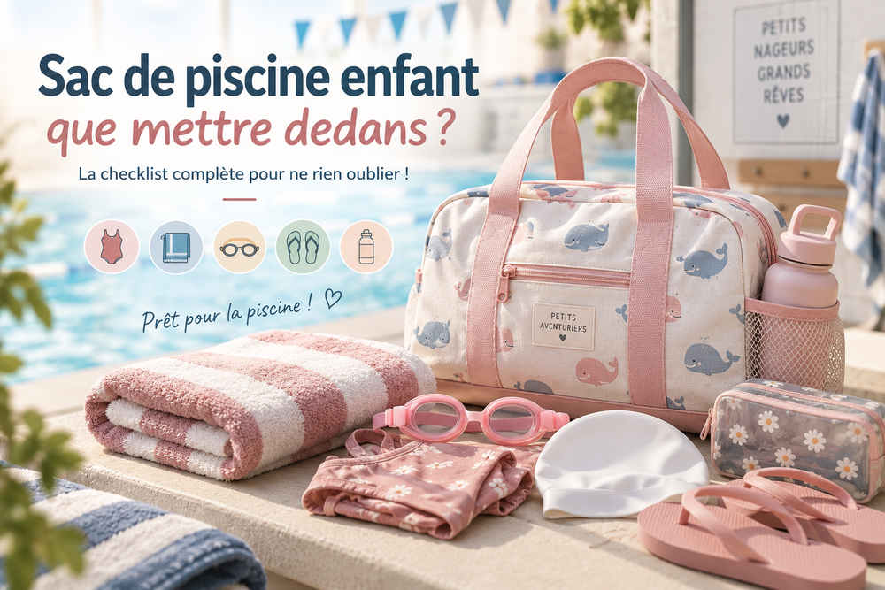 Sac de piscine enfant avec maillot, serviette, bonnet, lunettes, claquettes et gourde pour préparer toutes les affaires essentielles avant une séance de natation