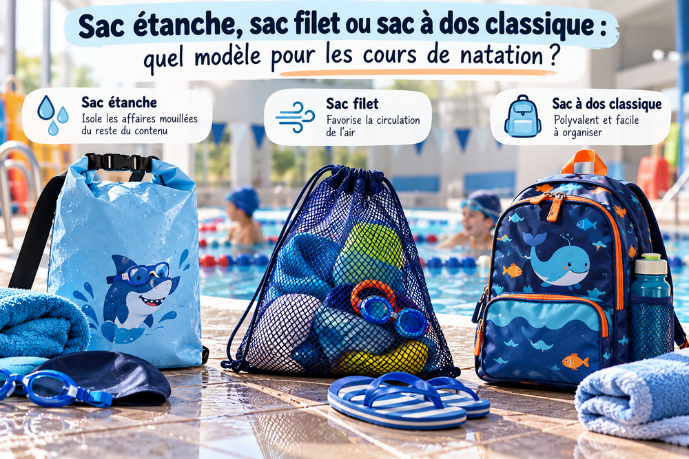 Sac piscine pour enfant : comparatif entre sac étanche, sac filet et sac à dos classique pour les cours de natation