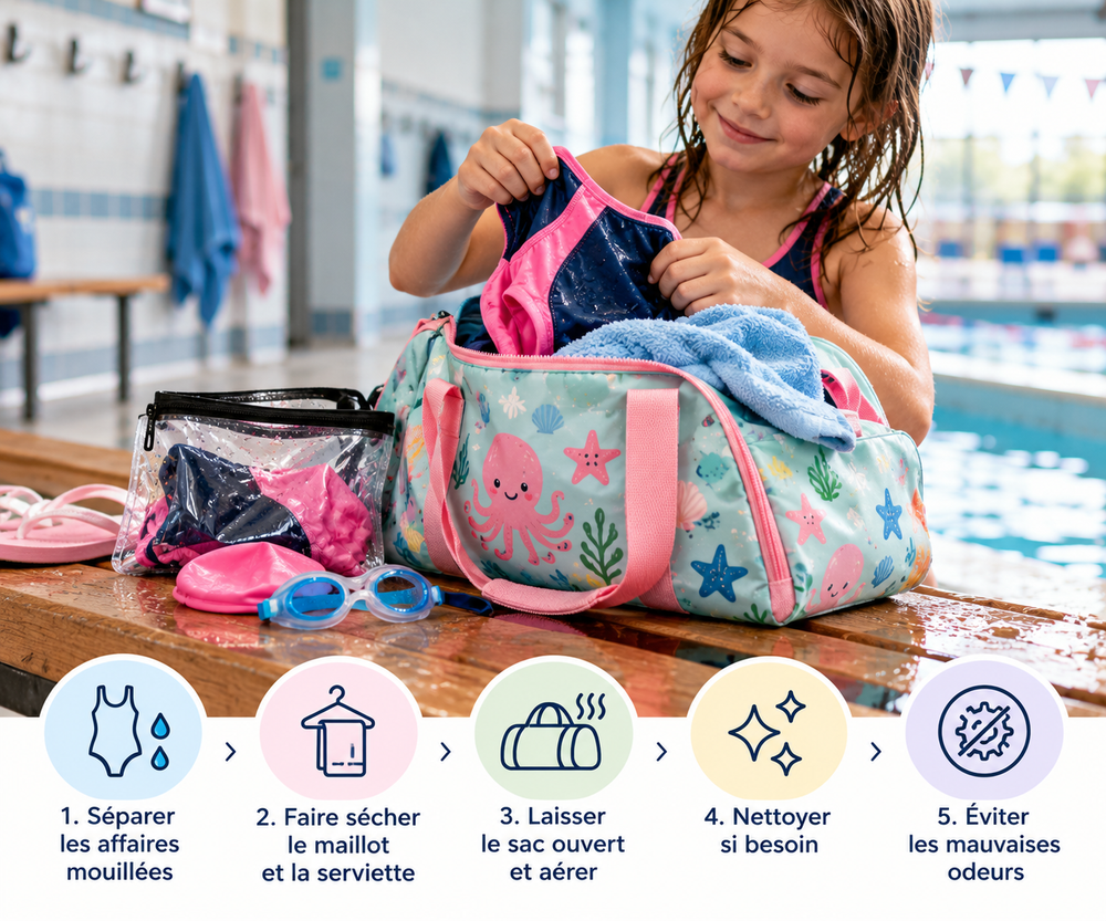 Sac piscine pour enfant avec maillot et serviette mouillés : astuces pour éviter l’humidité et les mauvaises odeurs après la piscine