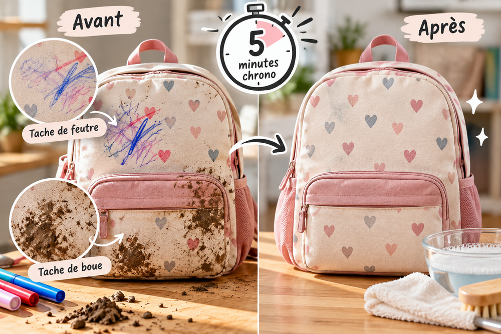 Taches de feutre et de boue sur un sac d'école avant et après nettoyage
