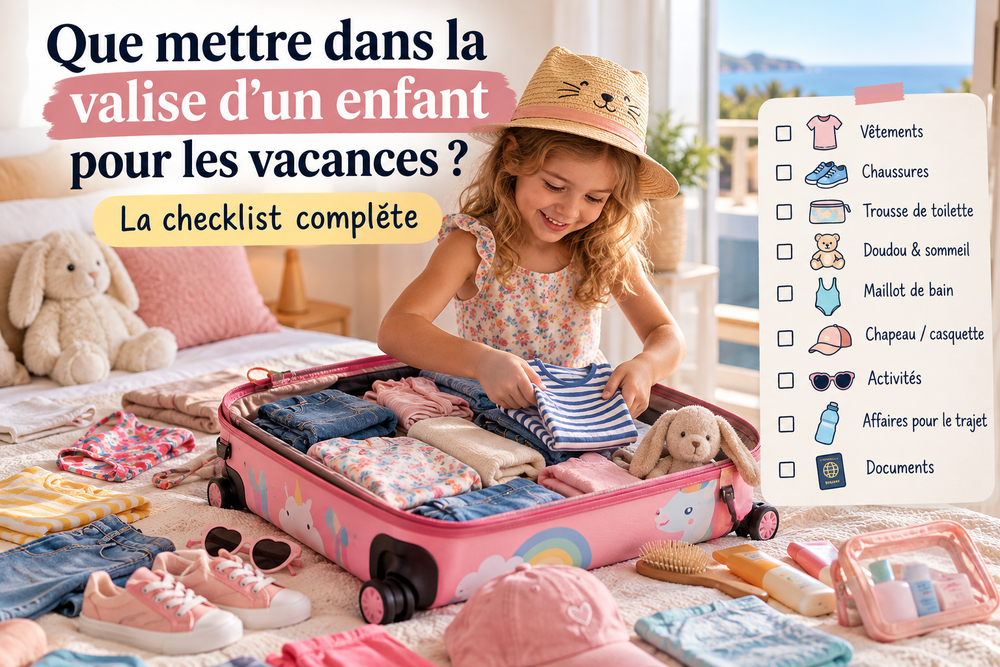 Valise enfant pour les vacances avec vêtements, chaussures, trousse de toilette, doudou et accessoires essentiels à emporter