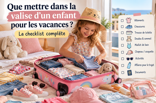 Valise enfant pour les vacances avec vêtements, chaussures, trousse de toilette, doudou et accessoires essentiels à emporter