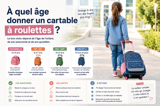 Cartable à roulettes enfant utilisé sur le chemin de l'école primaire, illustration montrant à quel âge choisir un cartable à roulettes selon le niveau scolaire, le poids des fournitures et l'autonomie de l'enfant.