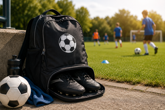 Sac de foot enfant avec compartiment pour crampons, ballon et gourde posé au bord d’un terrain pendant un entraînement de football junior.