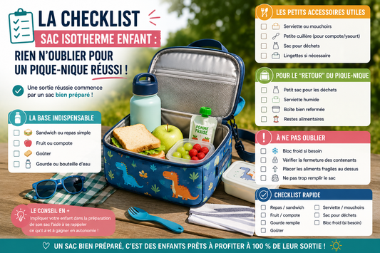 Checklist de sac isotherme enfant pour pique-nique avec gourde, sandwich, compote et accessoires utiles dans un sac repas enfant organisé pour une sortie réussie
