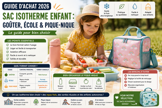 Enfant en pique-nique avec un sac isotherme enfant rempli de goûter et repas frais dans un parc, illustration d’un guide d’achat pour choisir un sac adapté à l’école et aux sorties.