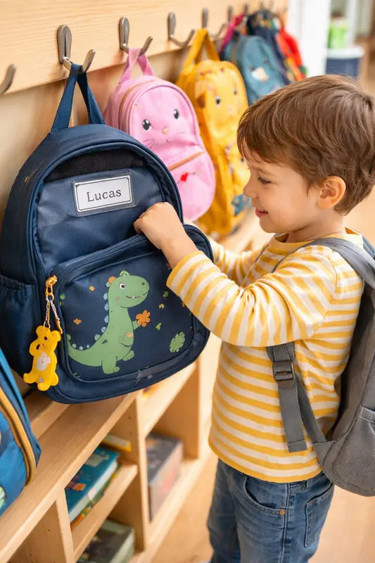 Enfant qui fait attention à ne pas oublier son sac à dos à l'école