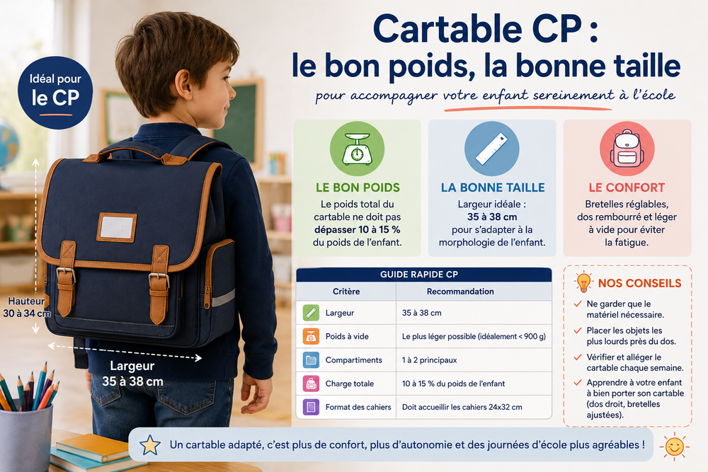 Cartable CP bleu porté par un enfant en salle de classe illustrant le choix du bon poids et de la bonne taille pour un cartable confortable et adapté à l’école primaire.