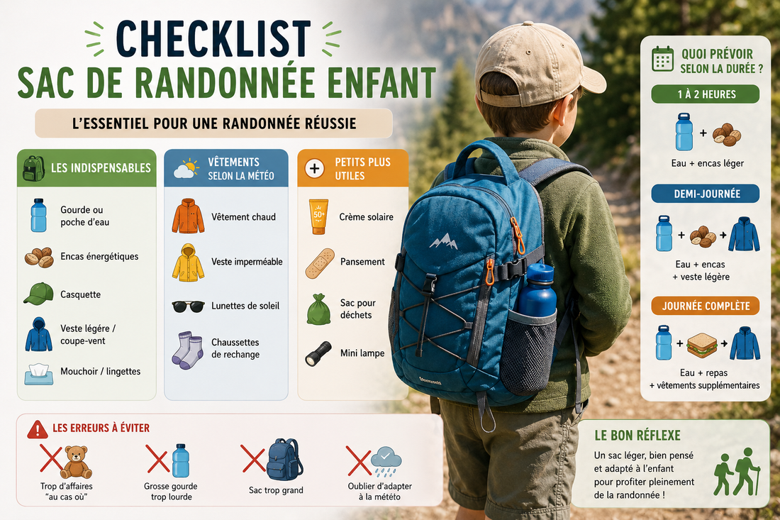  Checklist complète d’un sac de randonnée enfant avec gourde, encas, veste légère et accessoires essentiels pour une sortie en nature réussie.