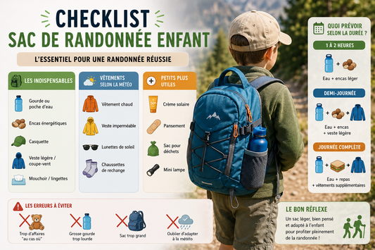 Checklist complète d’un sac de randonnée enfant avec gourde, encas, veste légère et accessoires essentiels pour une sortie en nature réussie.