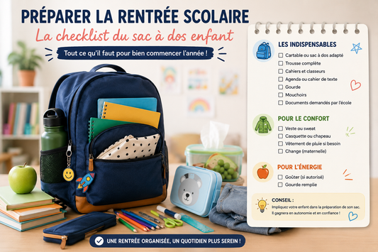 Sac à dos enfant préparé pour la rentrée scolaire avec cahiers, trousse, gourde, boîte à goûter et fournitures, illustrant la checklist indispensable pour une rentrée réussie en maternelle et en primaire.