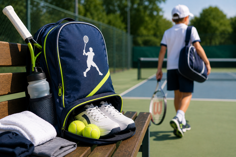 Sac de tennis enfant avec compartiment chaussures posé sur un banc près d’un court de tennis extérieur.