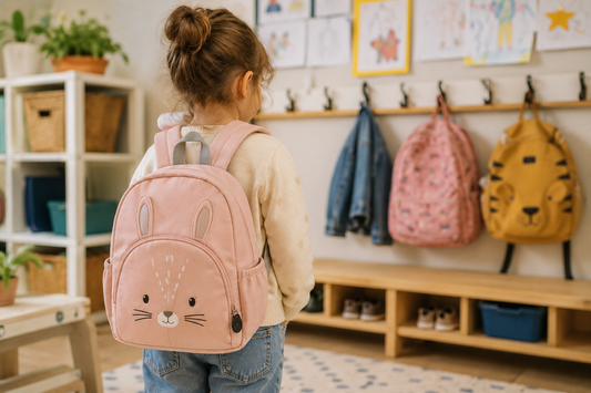 Sac maternelle enfant 3 à 6 ans porté dans une école maternelle avec rangement, porte-manteaux et espace dédié aux affaires des enfants.