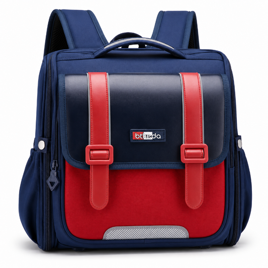 Cartable CP bleu et rouge avec grand compartiment scolaire, poches latérales et bretelles ajustables