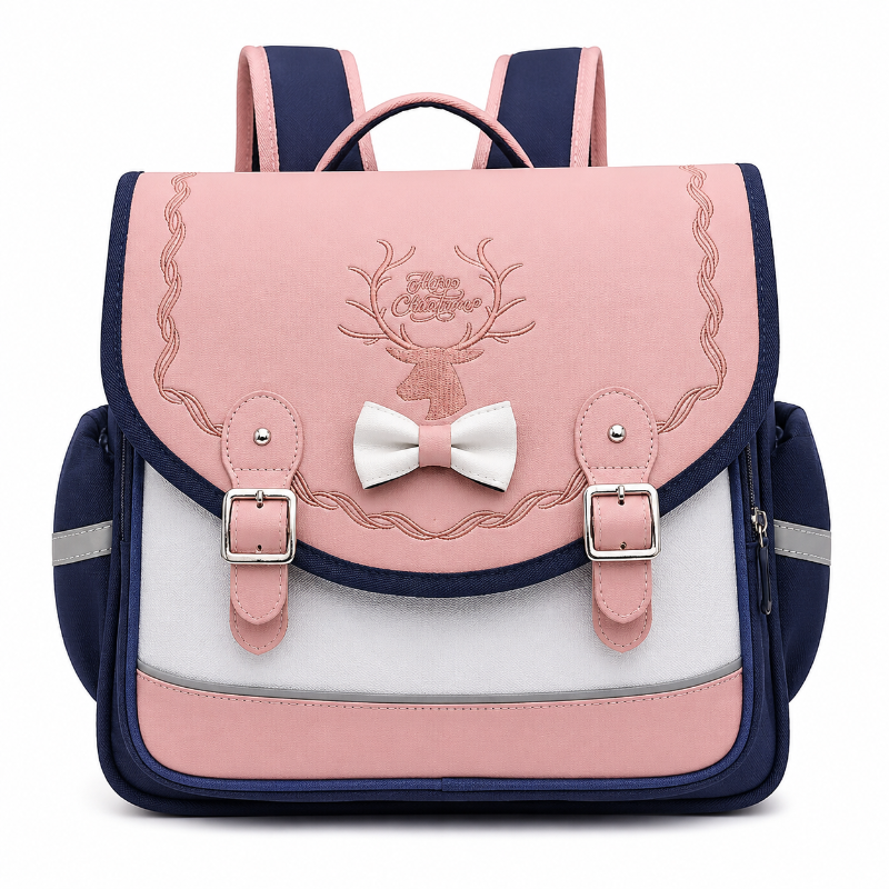 Cartable CP enfant Premier Jour Rose avec grand compartiment, poches latérales, bretelles rembourrées ajustables, motif cerf et nœud décoratif