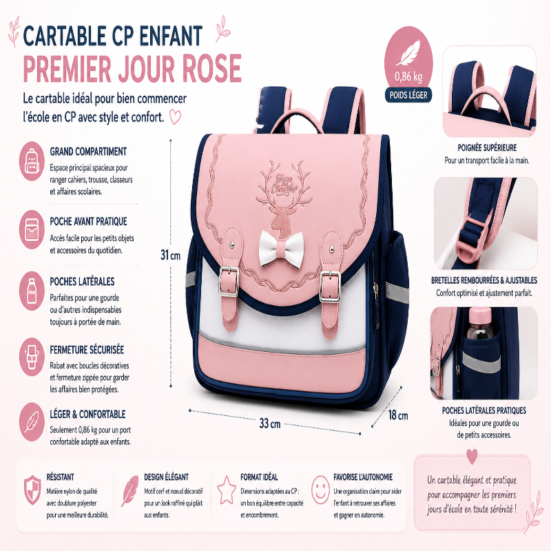 Dimensions et caractéristiques du cartable CP enfant Premier Jour Rose avec grand compartiment, poches latérales, bretelles rembourrées ajustables, fermeture sécurisée et poids léger de 0,86 kg.