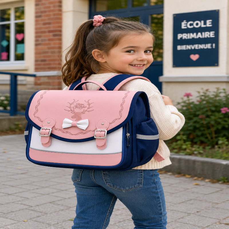 Fillette portant le cartable CP enfant Premier Jour Rose devant une école primaire, illustrant le confort, l’autonomie et le format adapté aux premières années de primaire.