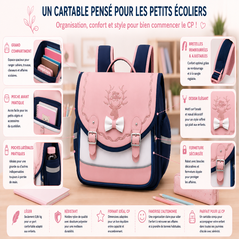 Cartable CP enfant Premier Jour Rose visuel informatif 