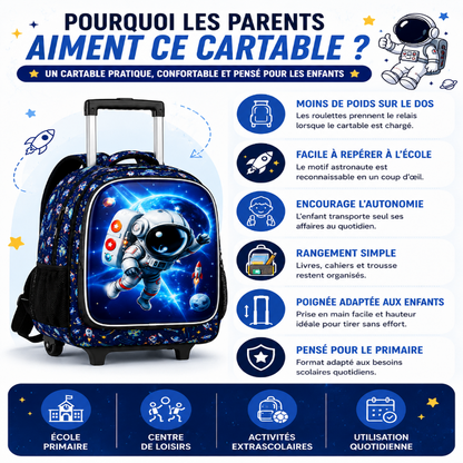 Pourquoi les parents choisissent le cartable à roulettes enfant Mission Cosmos avec roulettes, rangement pratique et autonomie au quotidien.