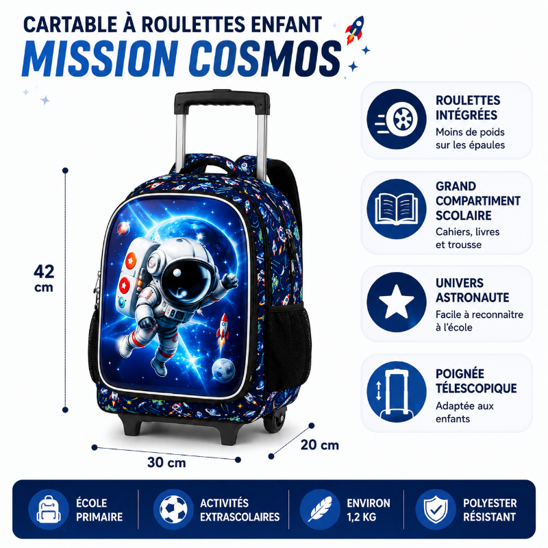 Dimensions et points clés du cartable à roulettes enfant Mission Cosmos avec roulettes intégrées, poignée télescopique et grand compartiment scolaire.