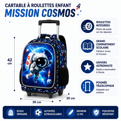 Dimensions et points clés du cartable à roulettes enfant Mission Cosmos avec roulettes intégrées, poignée télescopique et grand compartiment scolaire.