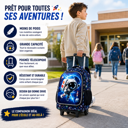 Enfant tirant le cartable à roulettes enfant Mission Cosmos devant son école
