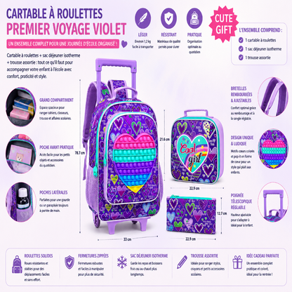 Dimensions et caractéristiques du cartable à roulettes enfant Premier Voyage Violet avec poignée télescopique, roulettes, pop-it en forme de cœur, sac déjeuner isotherme, trousse assortie et grand compartiment de rangement.