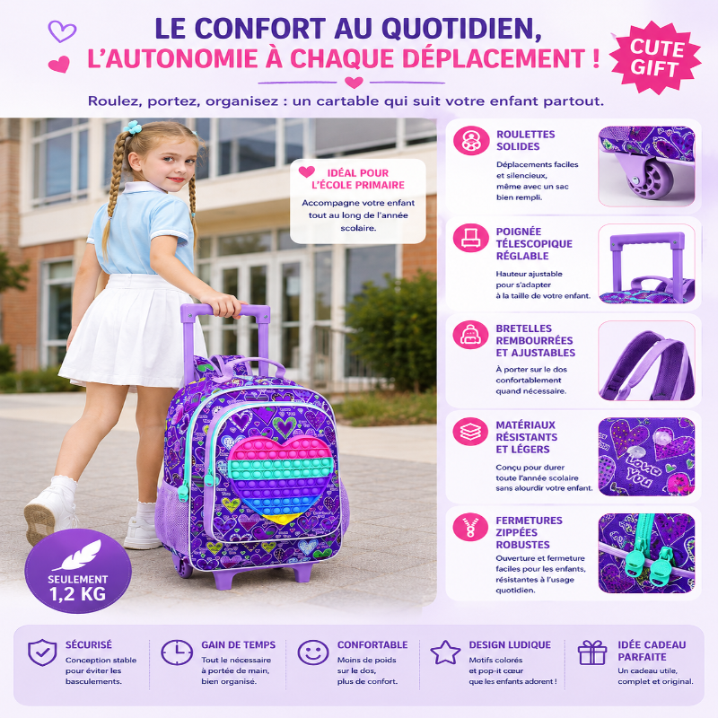 Fillette portant le cartable à roulettes enfant Premier Voyage Violet avec pop-it en forme de cœur devant une école primaire, illustrant le confort, l’autonomie et l’ensemble complet avec sac déjeuner et trousse assortis.