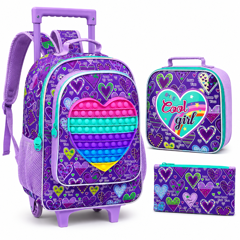 Cartable à roulettes enfant Premier Voyage Violet avec pop-it en forme de cœur, sac déjeuner isotherme assorti et trousse inclus